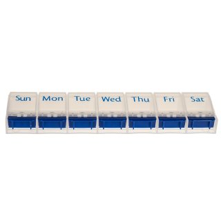 Weekly Pill Case with 7 compartments and opener in blue/white - english