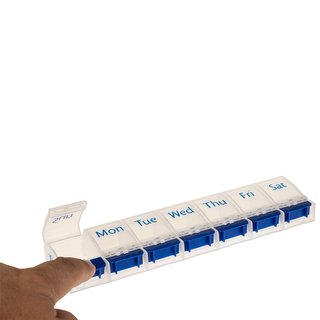 Weekly Pill Case with 7 compartments and opener in blue/white - english