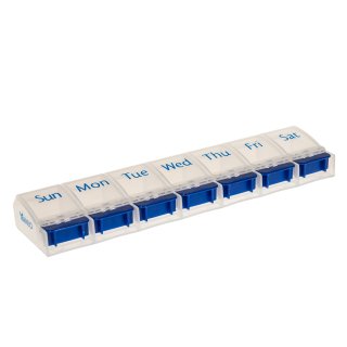 Weekly Pill Case with 7 compartments and opener in blue/white - english