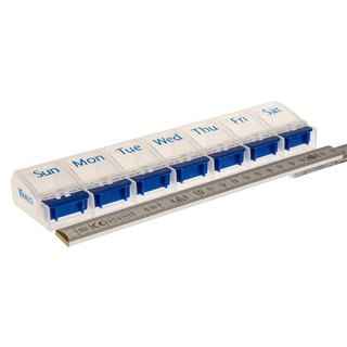 Weekly Pill Case with 7 compartments and opener in blue/white - english