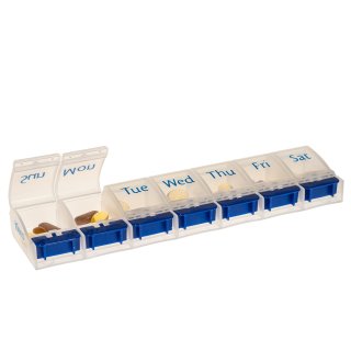 Weekly Pill Case with 7 compartments and opener in blue/white - english