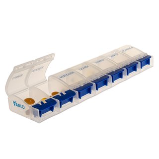 Weekly Pill Case with 7 compartments and opener in blue/white - italian