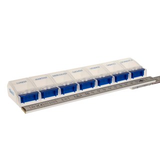 Weekly Pill Case with 7 compartments and opener in blue/white - italian