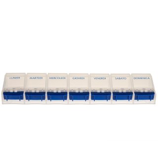 Weekly Pill Case with 7 compartments and opener in blue/white - italian