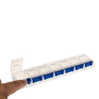 Weekly Pill Case with 7 compartments and opener in blue/white - French