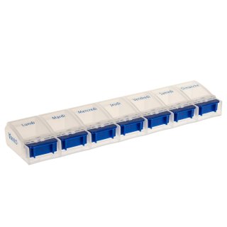 Weekly Pill Case with 7 compartments and opener in blue/white - French