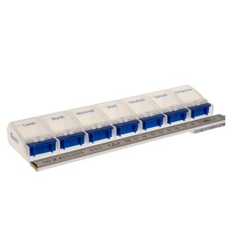 Weekly Pill Case with 7 compartments and opener in blue/white - French