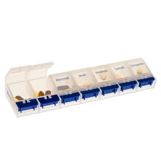 Weekly Pill Case with 7 compartments and opener in blue/white - French
