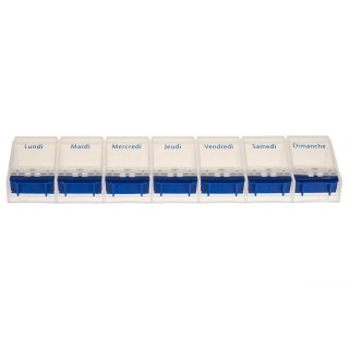 Weekly Pill Case with 7 compartments and opener in blue/white - French