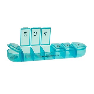 Weekly pill case blue for 7 days - labeled with 1-7