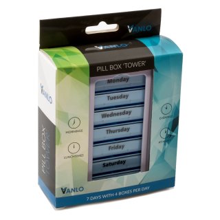 Tower Pillbox Pill box for 7 Days with 4 Daily schedule lines - English