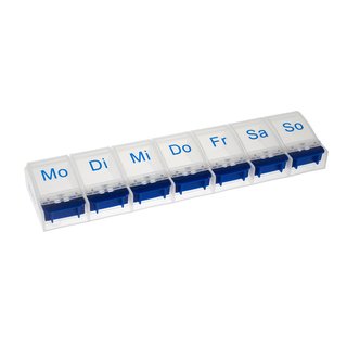 Weekly Pill Case with 7 compartments and opener in blue/white - German