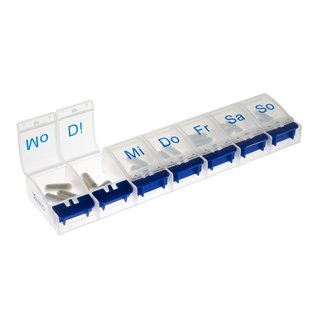 Weekly Pill Case with 7 compartments and opener in blue/white - German
