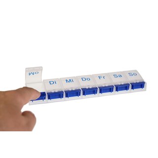 Weekly Pill Case with 7 compartments and opener in blue/white - German