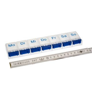 Weekly Pill Case with 7 compartments and opener in blue/white - German