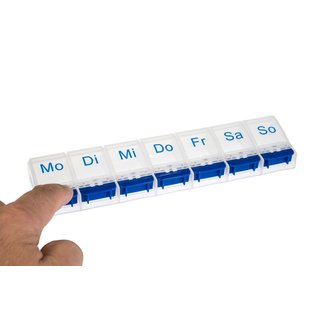 Weekly Pill Case with 7 compartments and opener in blue/white - German